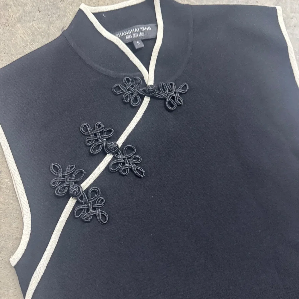 Shanghai Tang Women's Black White Trim Qipao Midi Chinese Dress S/S Designer - Picture 2 of 7